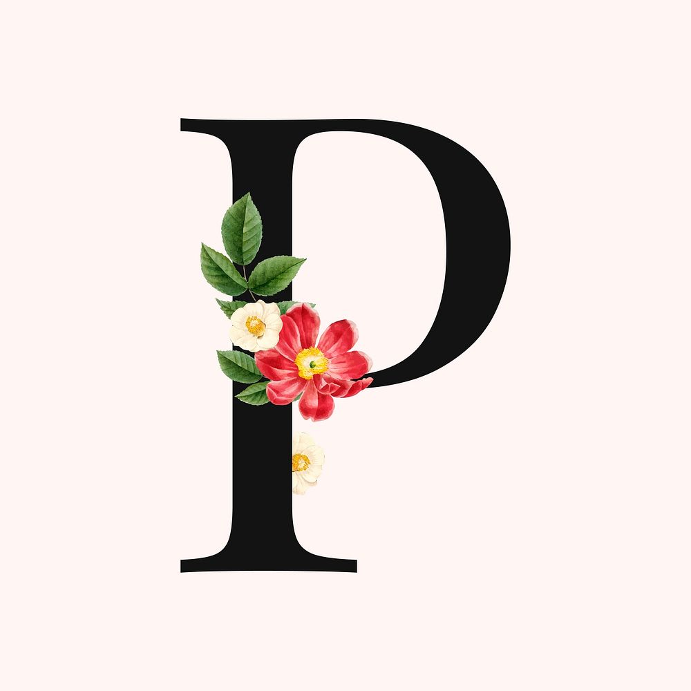 Flower decorated capital letter P typography vector
