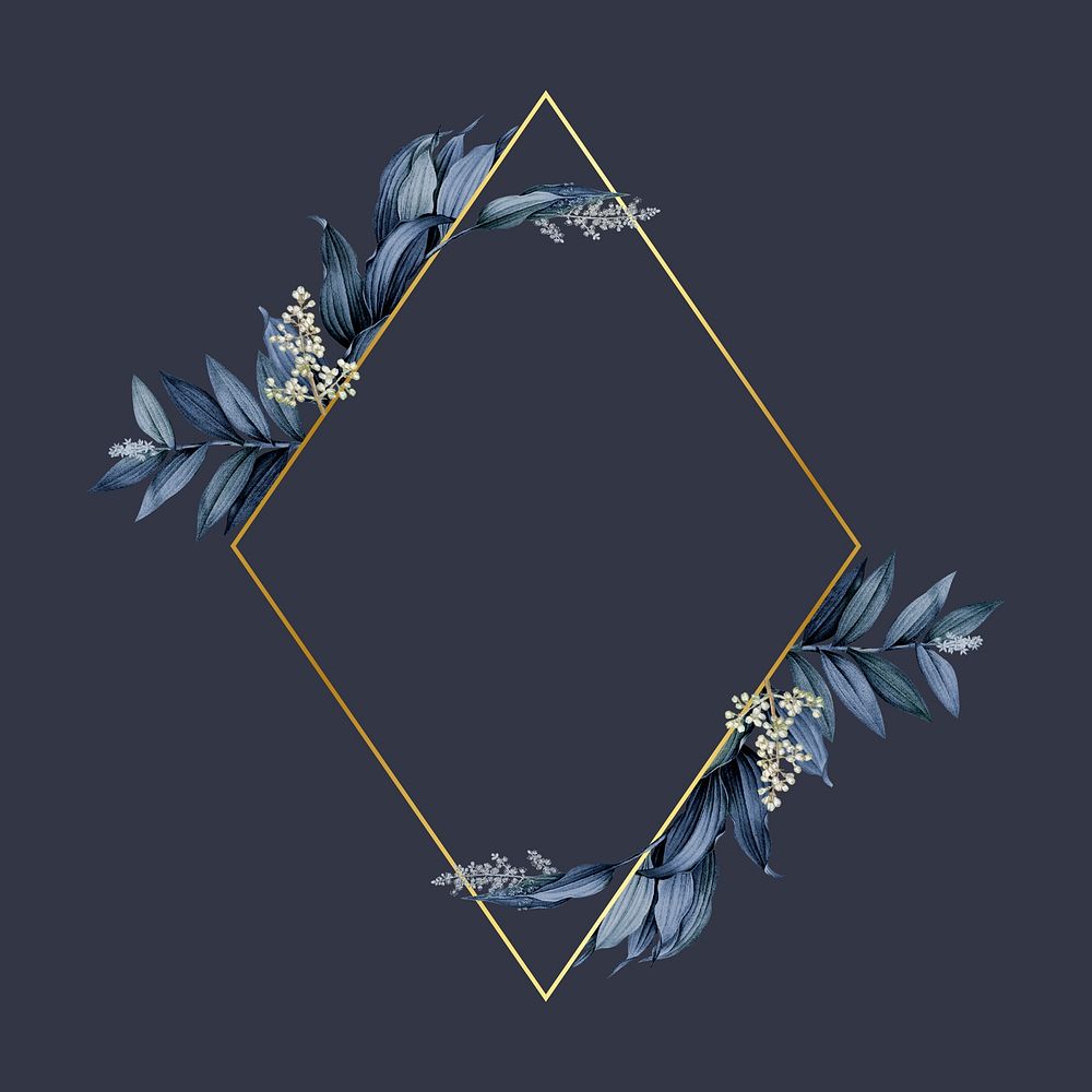 Gold rhombus frame decorated with blue leaves on a navy blue background