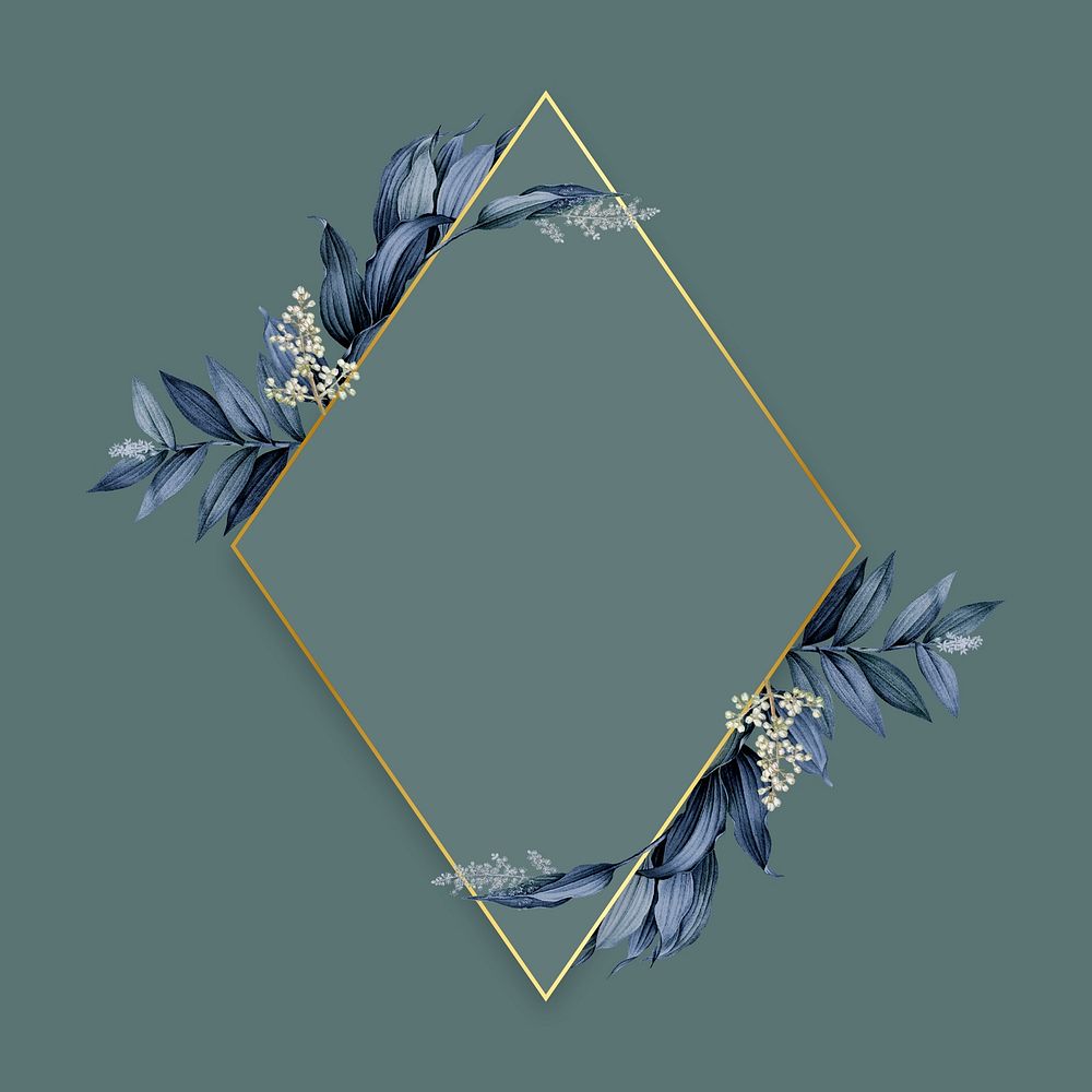 Gold rhombus frame decorated with blue leaves on a green background