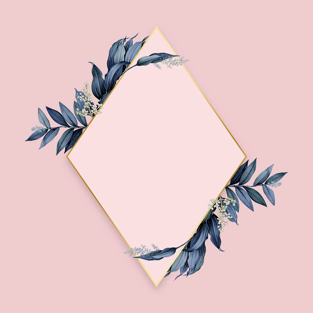Gold rhombus frame decorated with blue leaves on a pink background