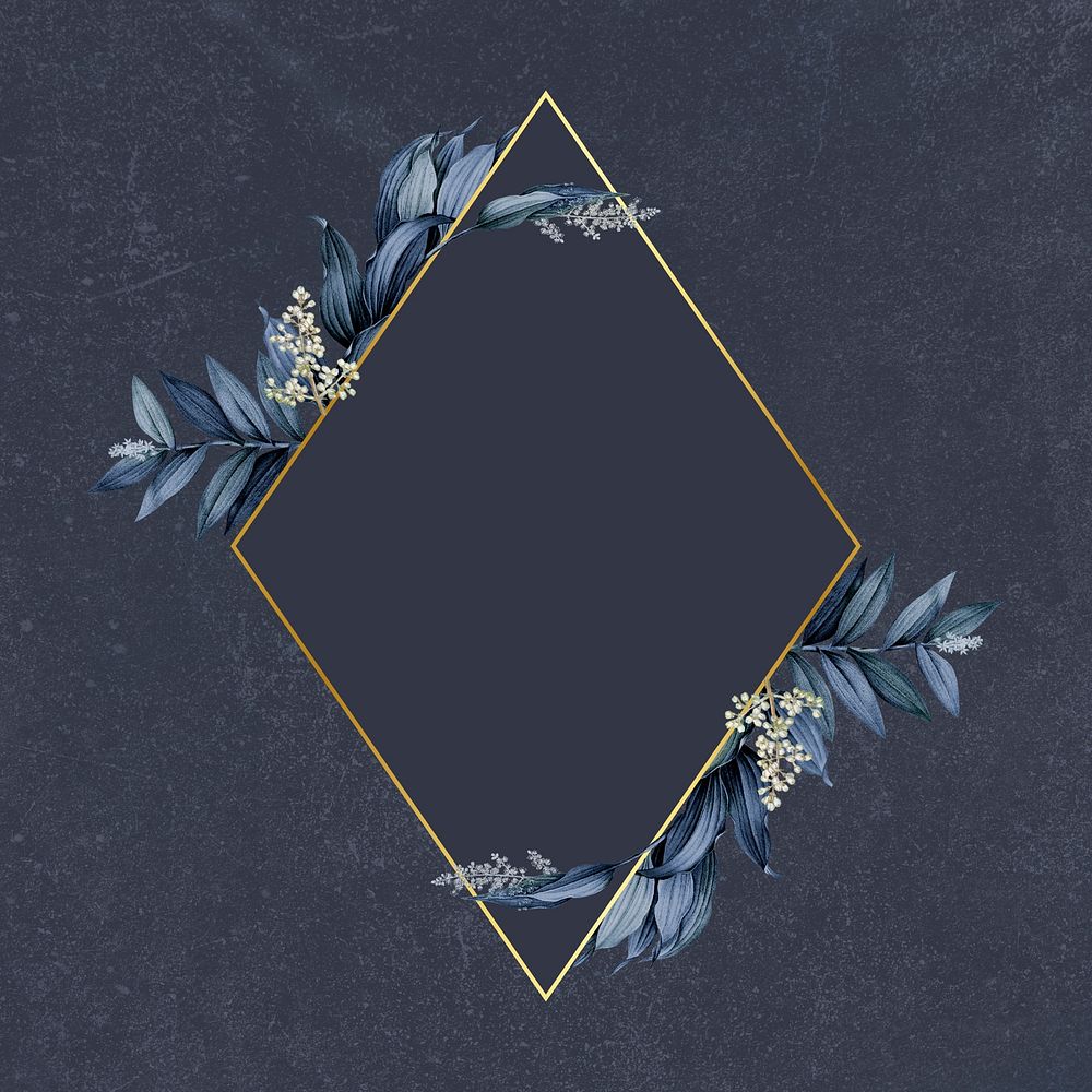 Gold rhombus frame decorated with blue leaves on a navy blue background