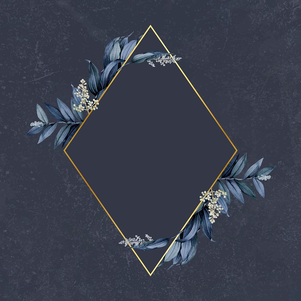 Gold rhombus frame decorated with blue leaves on a navy blue background