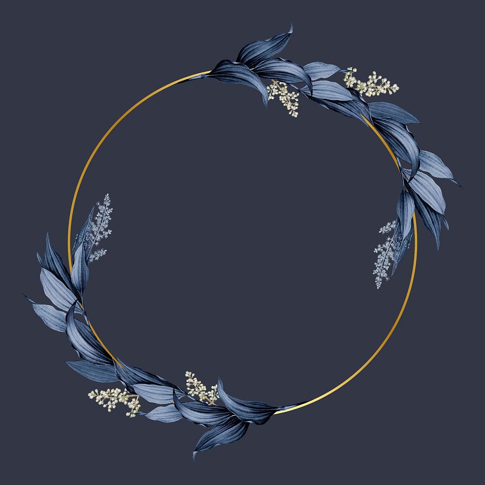 Gold circle frame decorated with blue leaves on a navy blue background