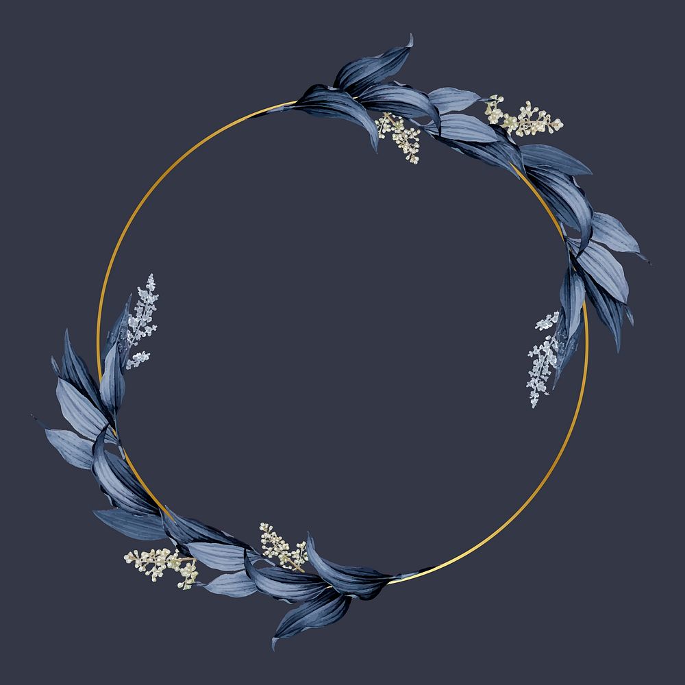 Gold circle frame decorated with blue leaves on a navy blue background