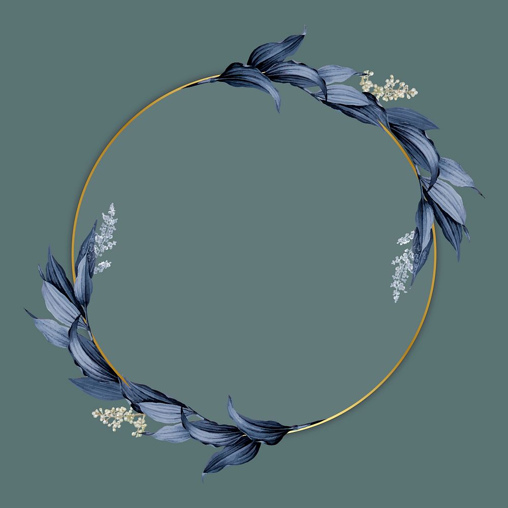 Gold circle frame decorated with blue leaves on a green background