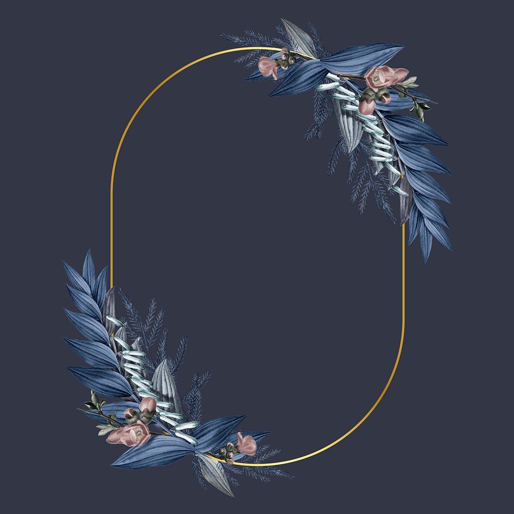 Gold oval frame decorated with blue leaves on a navy blue background