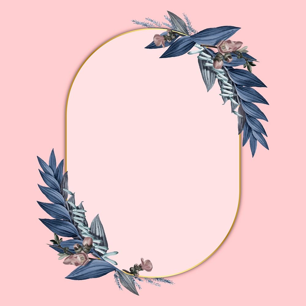 Gold oval frame decorated with  blue leaves on a pink background