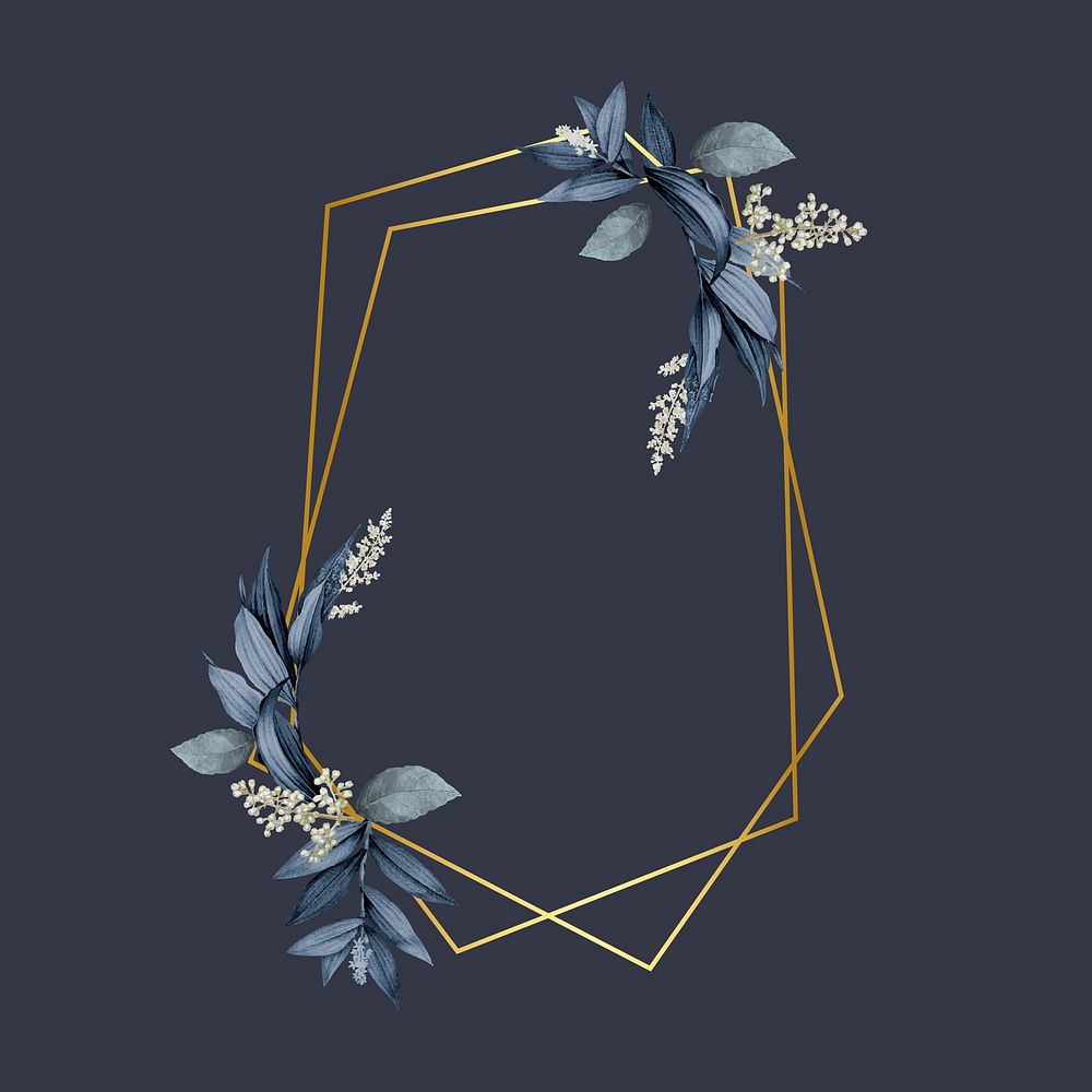 Gold pentagon frame decorated with blue leaves on a navy blue background