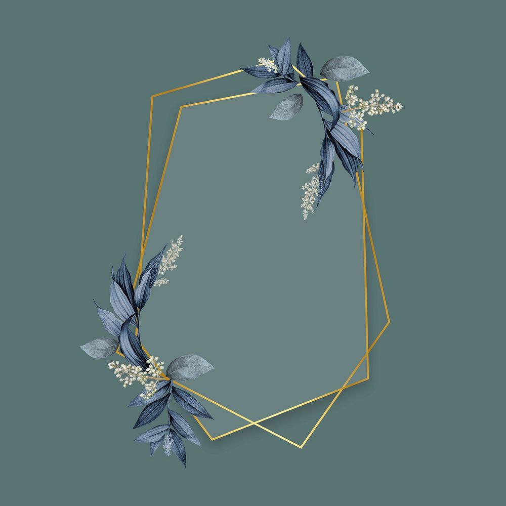 Gold pentagon frame decorated with blue leaves on a green background