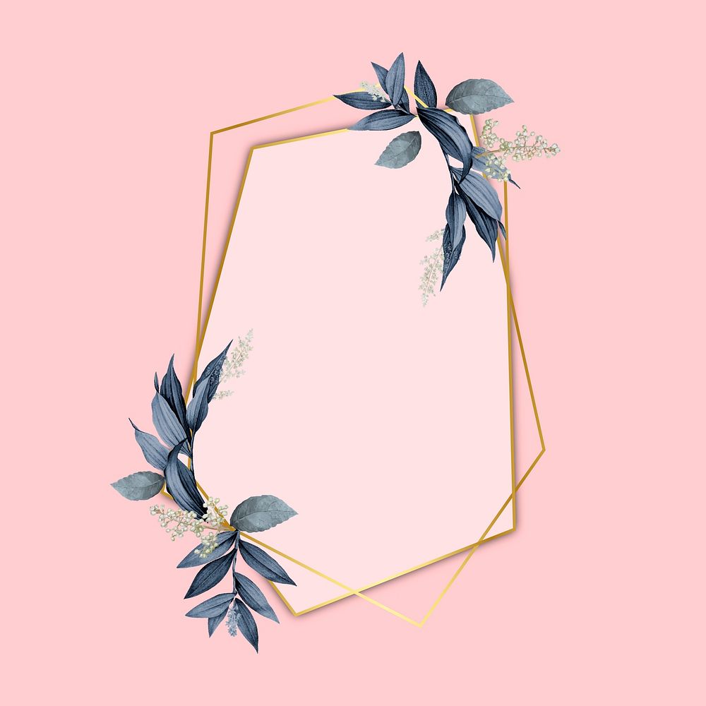 Gold pentagon frame decorated with blue leaves on a pink background