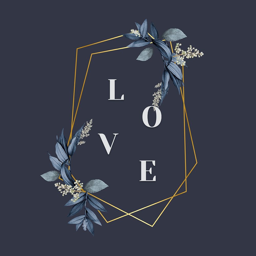 Love in a gold pentagon frame decorated with blue leaves on a navy blue background