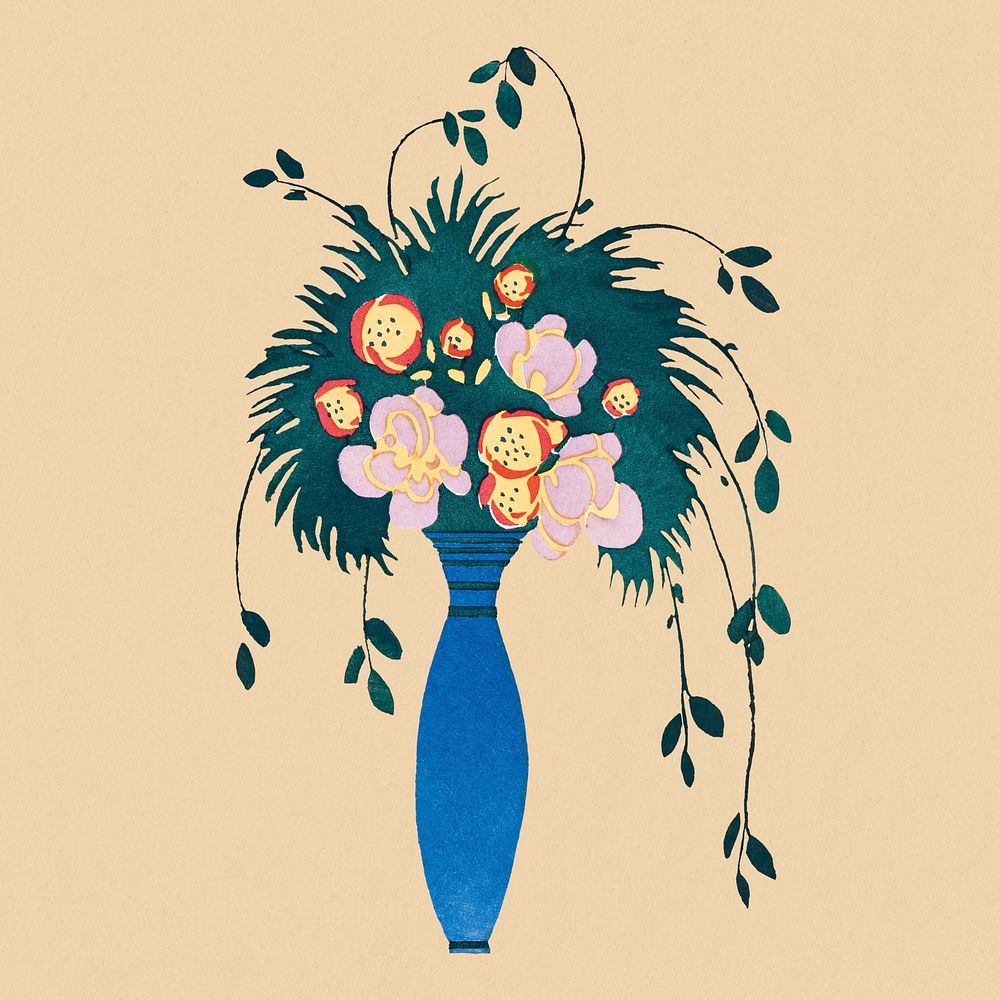 Art deco bouquet vase sticker, colorful clip art psd
