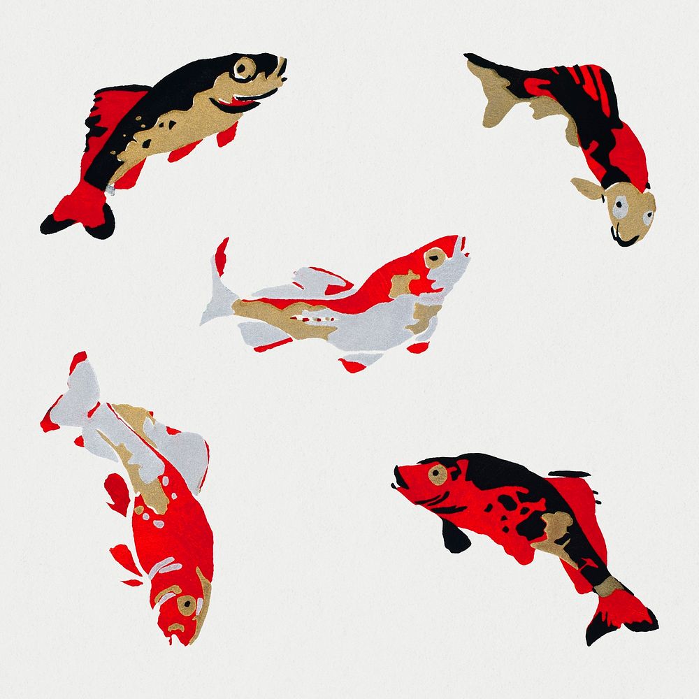 Art deco carp fish sticker, red clip art psd set
