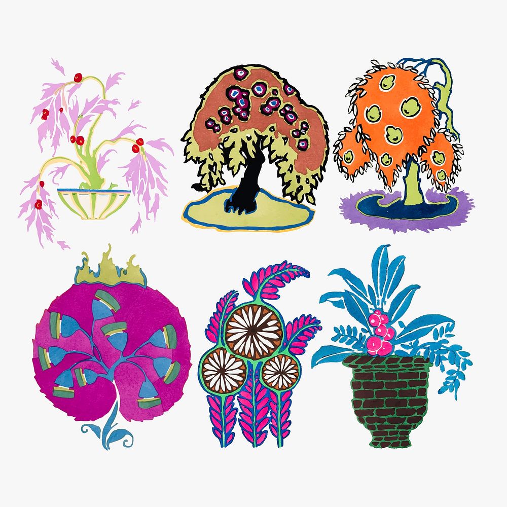 Art deco plant sticker, colorful clip art vector set