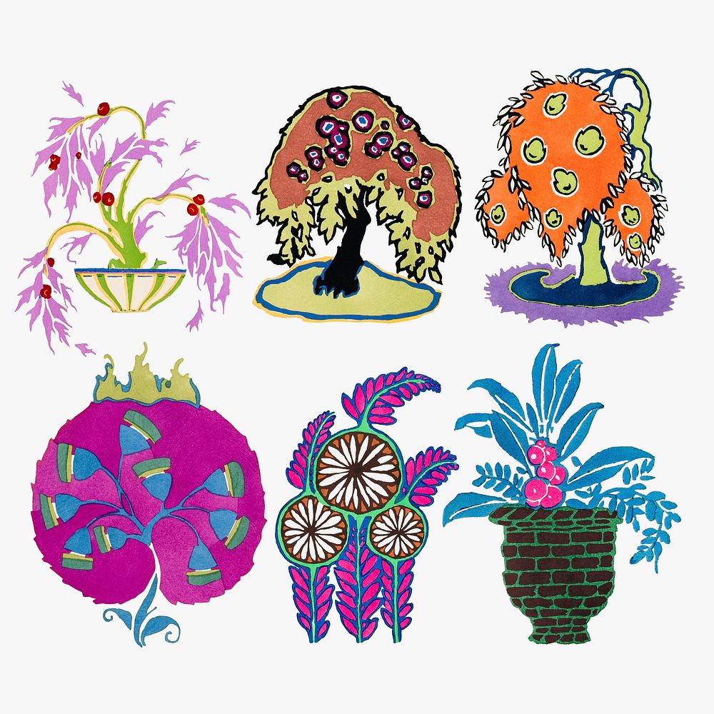 Art deco plant sticker, colorful clip art psd set