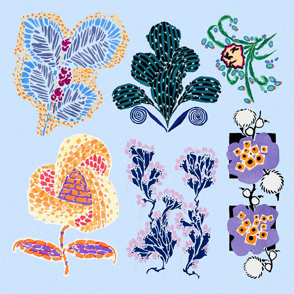 Art deco plant sticker, colorful clip art psd set