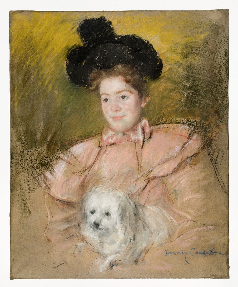 Woman in Raspberry Costume Holding a Dog (c. 1901) drawing in high resolution by Mary Cassatt. Original from Smithsonian…