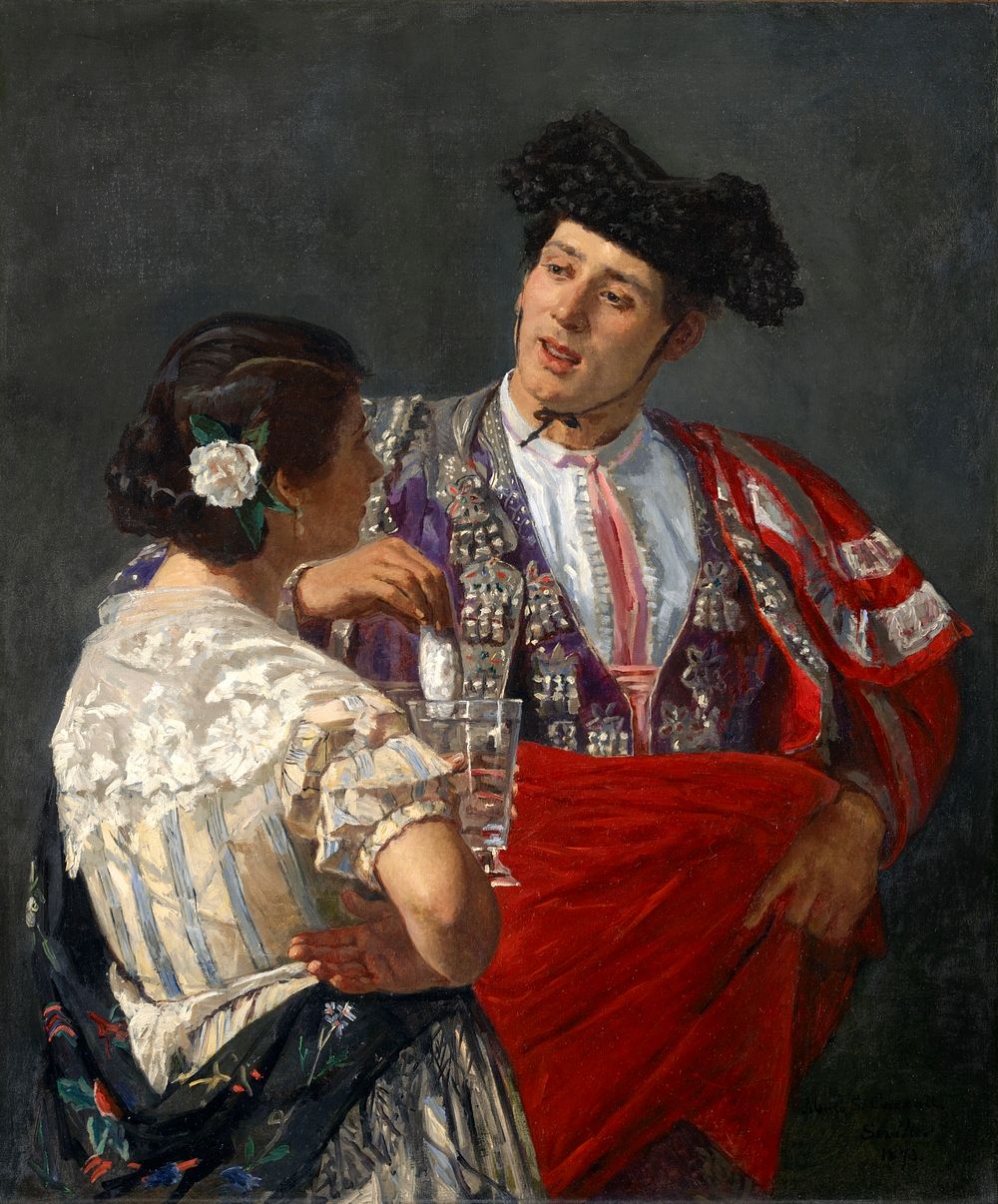 Offering the panel to the bullfighter (1873) painting in high resolution by Mary Cassatt. Original from the Sterling and…
