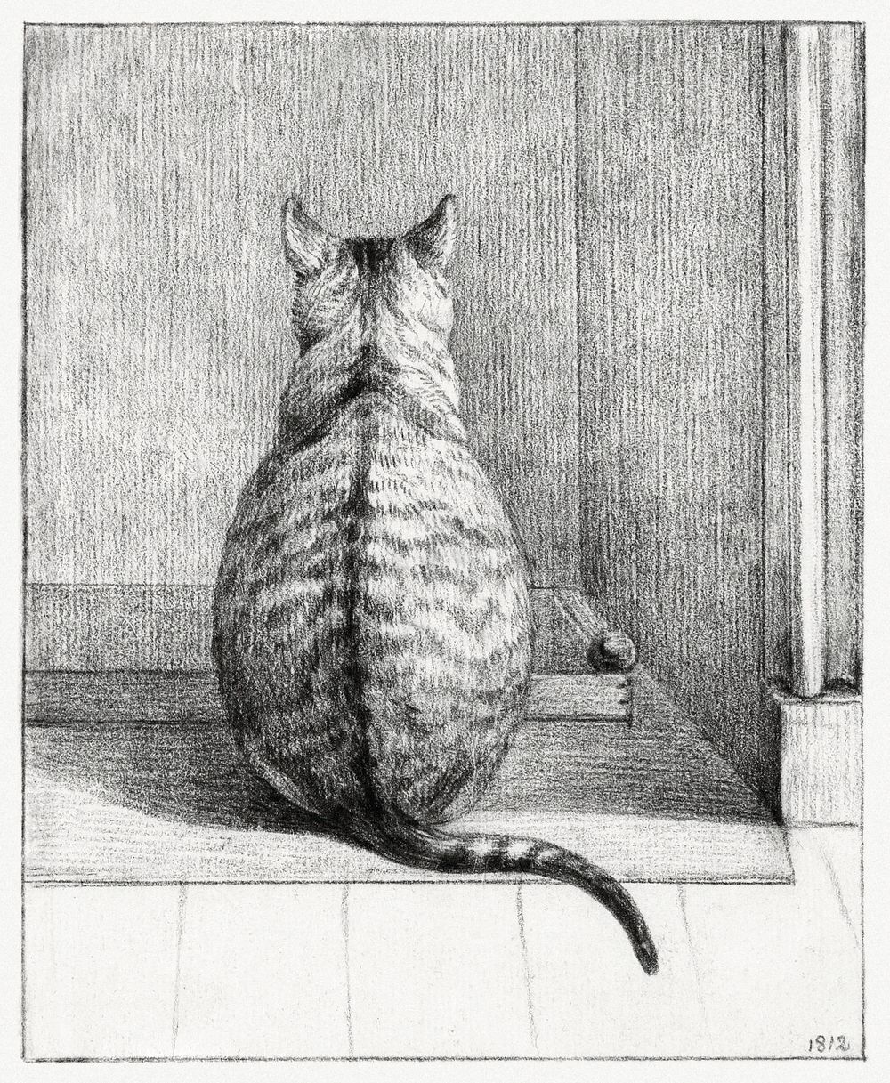 Sitting cat, from behind (1812) drawing in high resolution by Jean Bernard. Original from the Rijksmuseum. Digitally…