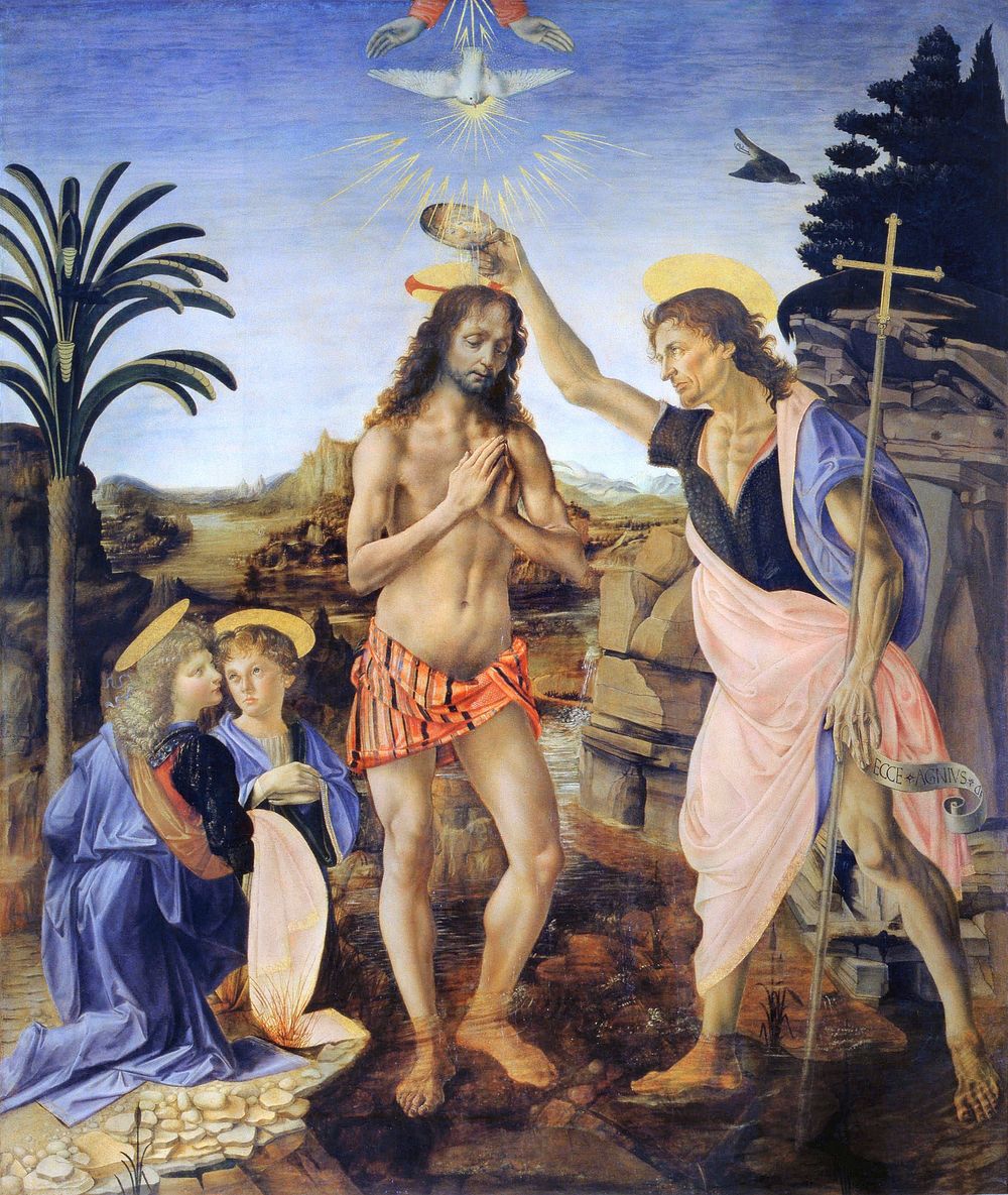 Leonardo da Vinci's Baptism of Christ (1470-1480) famous painting. Original from Wikimedia Commons. Digitally enhanced by…