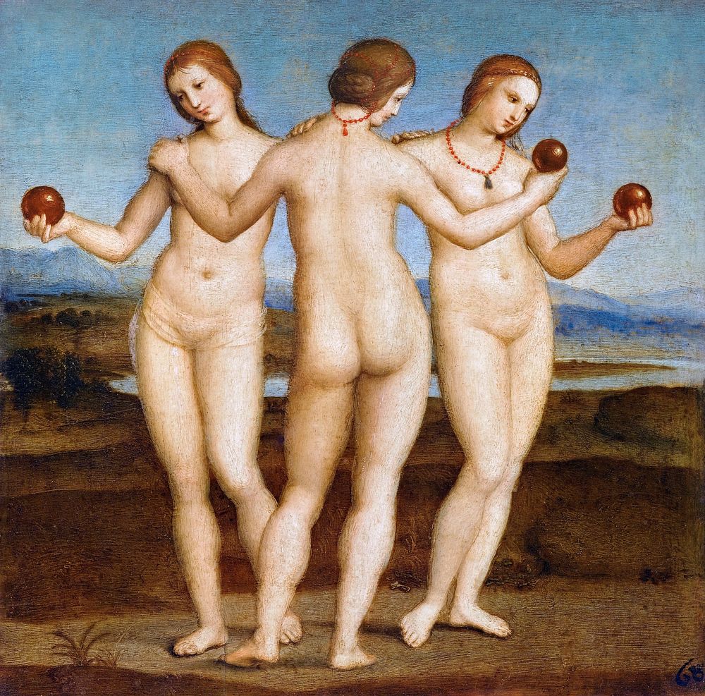 Raphael's Three Graces (1504) famous painting. Original from Wikimedia Commons. Digitally enhanced by rawpixel.
