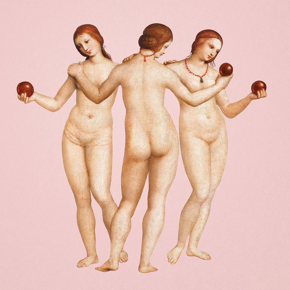 Three Graces psd, nude goddess famous painting, remixed from artworks by Raphael
