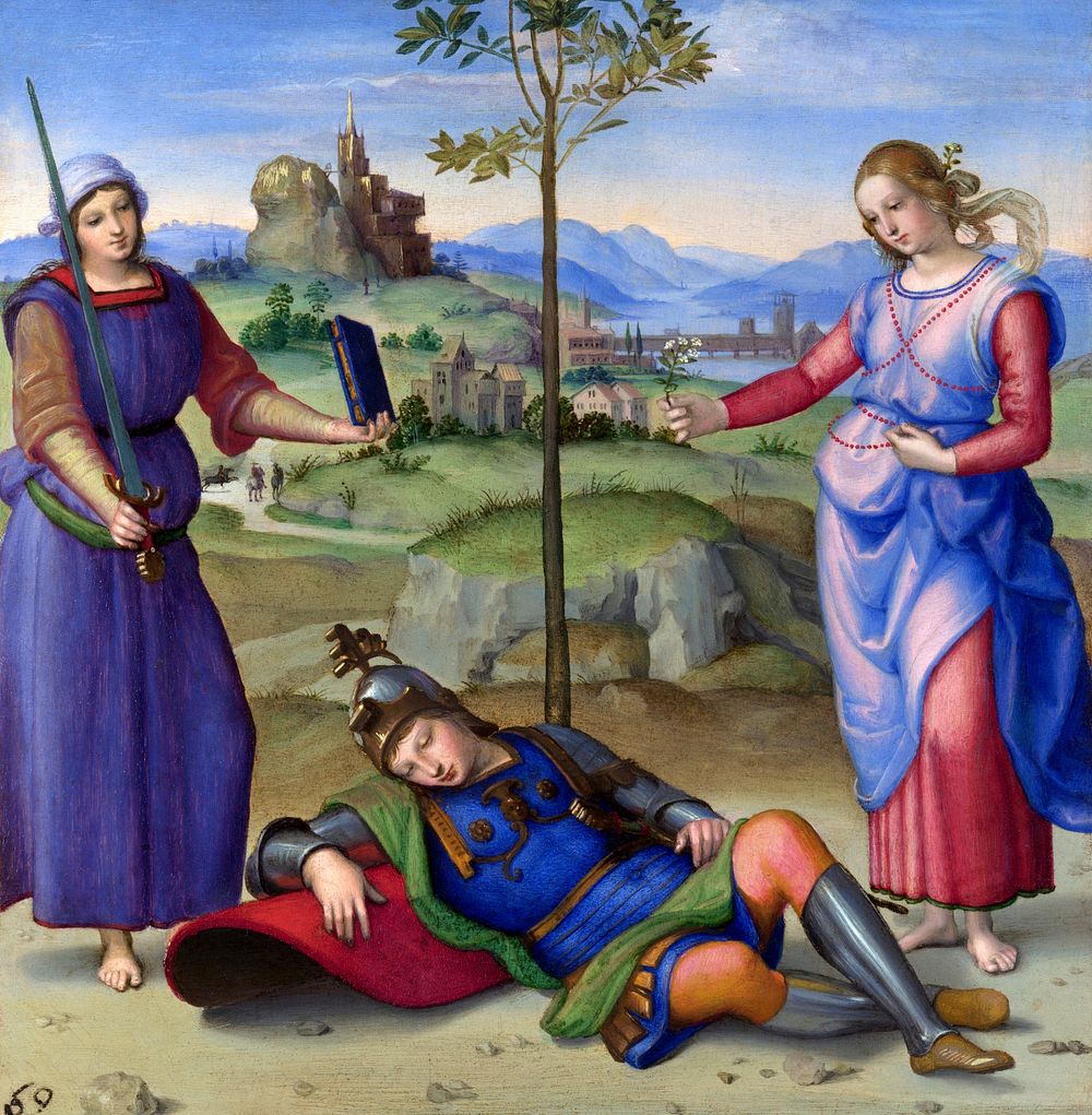 Raphael's An Allegory (Vision of a Knight) (1504) famous painting. Original from Wikimedia Commons. Digitally enhanced by…