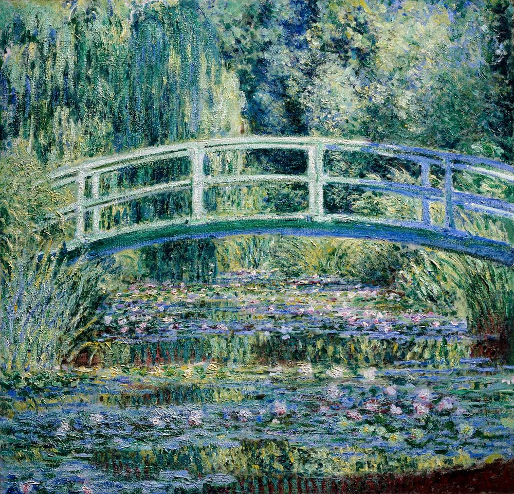 Claude Monet's Water Lilies and Japanese Bridge (1899) famous painting. Original from Wikimedia Commons. Digitally enhanced…