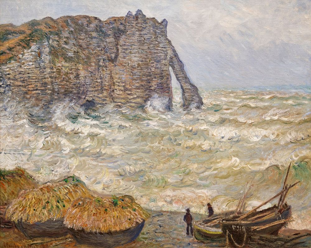 Claude Monet's Stormy Sea in &Eacute;tretat (1883) famous painting. Original from Wikimedia Commons. Digitally enhanced by…