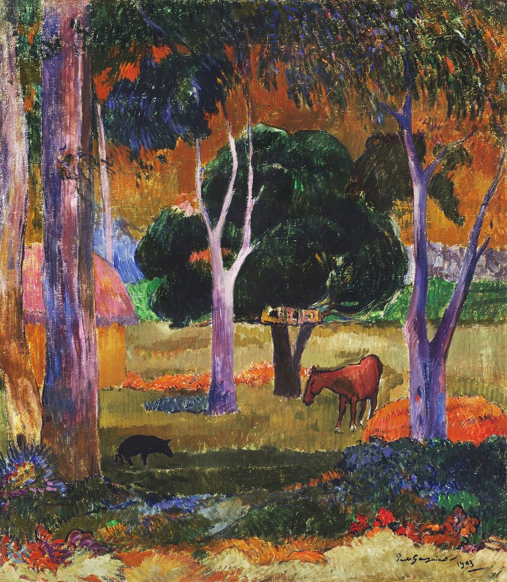 Paul Gauguin's Landscape with a Pig and a Horse (1903) famous painting. Original from Wikimedia Commons. Digitally enhanced…