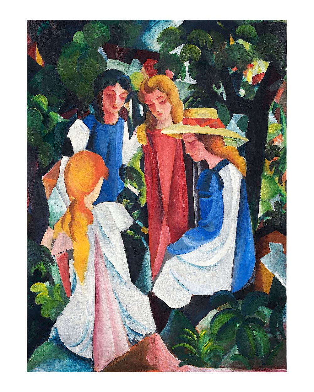 Expressionism art print by August Macke, Four Girls, vintage illustration