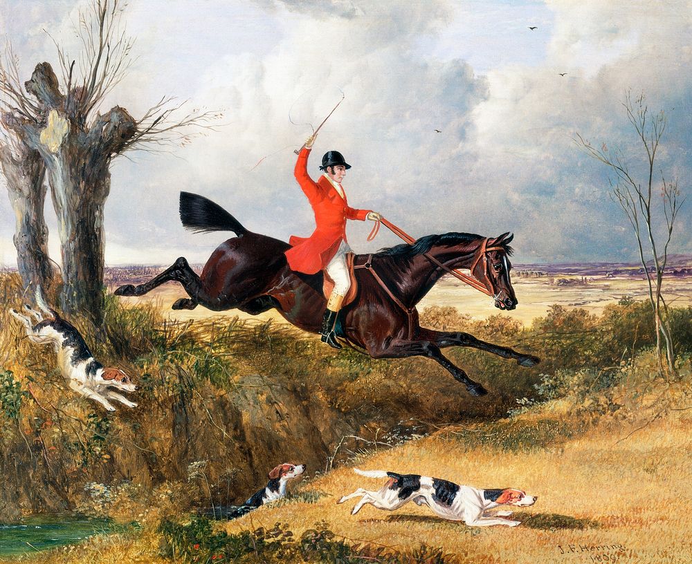 Foxhunting: Clearing a Ditch (1839) painting in high resolution by John Frederick Herring. Original from Yale University Art…