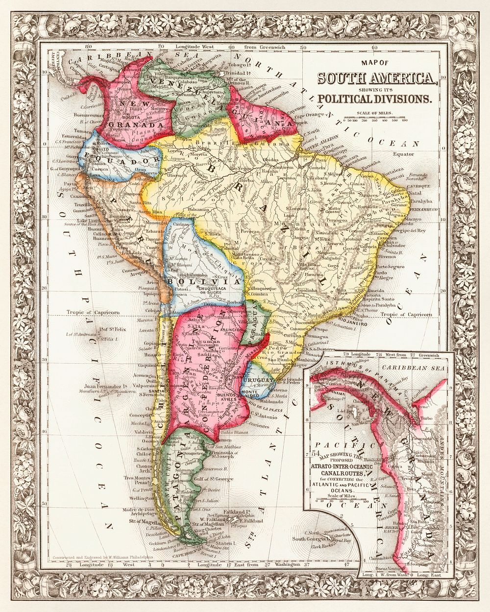 Map of South America, showing its political divisions; Map showing the proposed Atrato-inter-oceanic canalroutes, for…