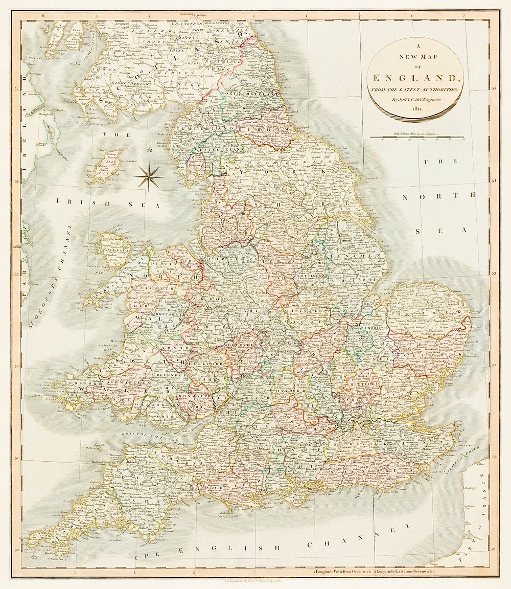 A new map of England (1811) by John Cary. Original from The Beinecke Rare Book & Manuscript Library. Digitally enhanced by…