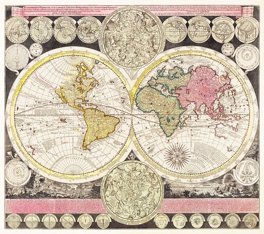 Vlakke aard-kloot met het beide hemelsch half-rond, of de onder scheidene verbeelding van de land-water-waereld (1709) by…