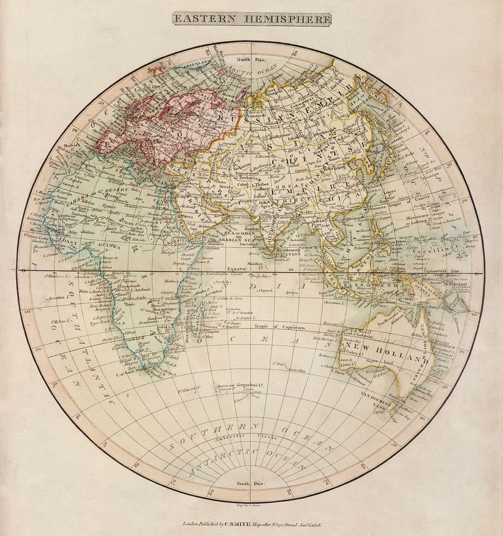 Eastern Hemisphere (1808) by C. Smith. Original from The Beinecke Rare Book & Manuscript Library. Digitally enhanced by…