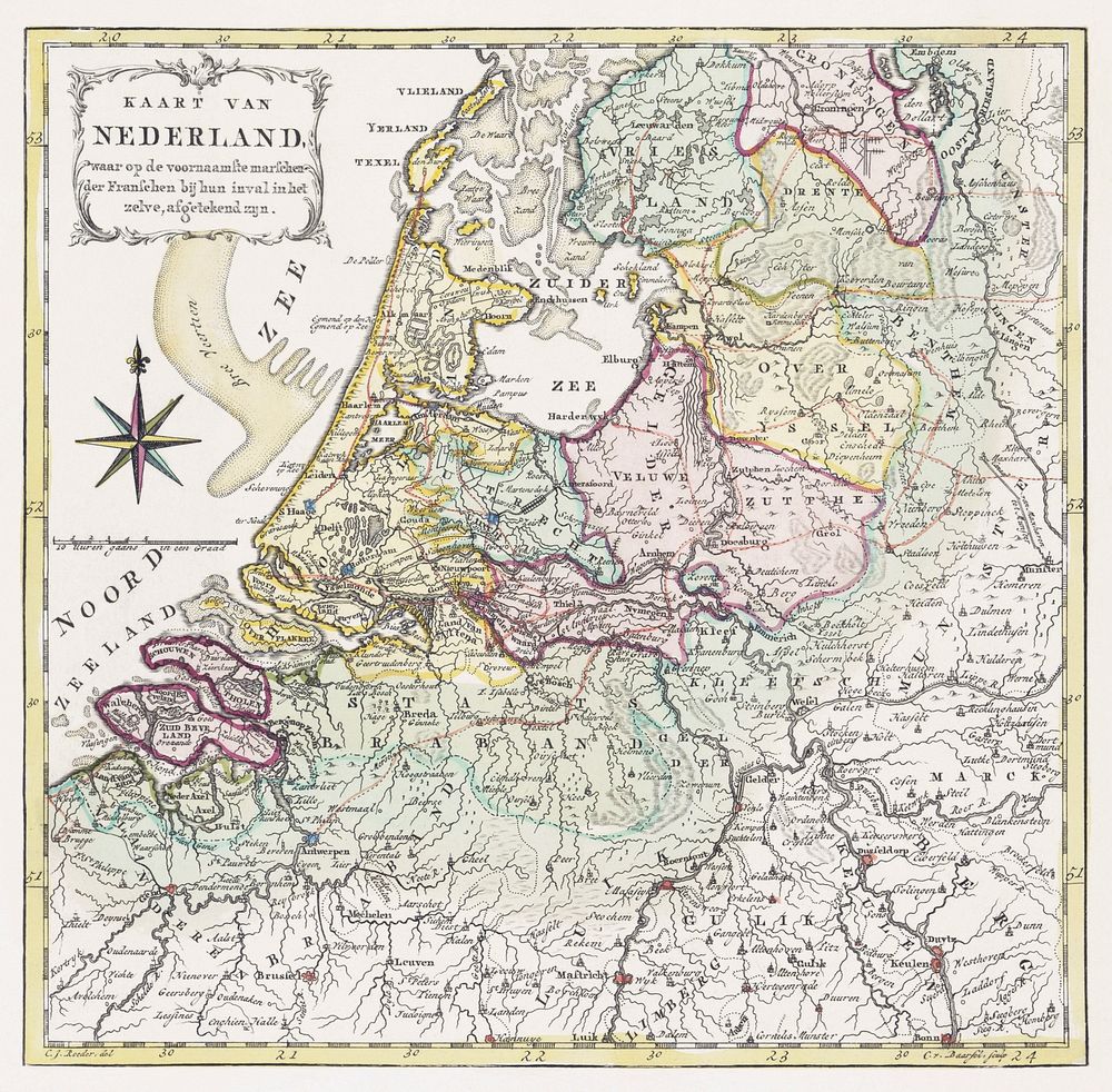 Kaart van Nederland met de marsroutes van het Franse leger (1792) by Cornelis van Baarsel. Original from The Rijksmuseum.…