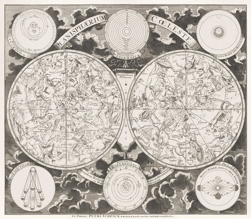 Hemelkaart met de noordelijke en zuidelijke sterrenbeelden (1705) by Pieter Schenk (I). Original from The Rijksmuseum.…