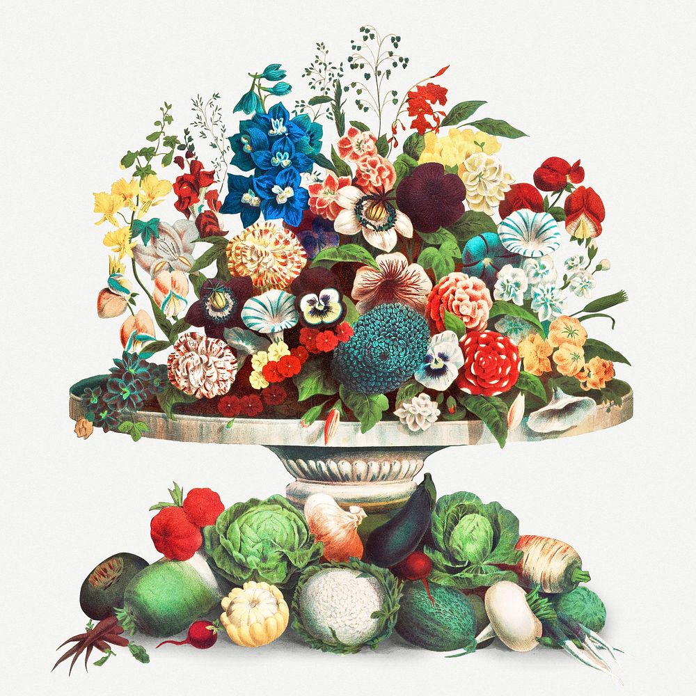 Vintage flowers and vegetables illustration botanical wall art