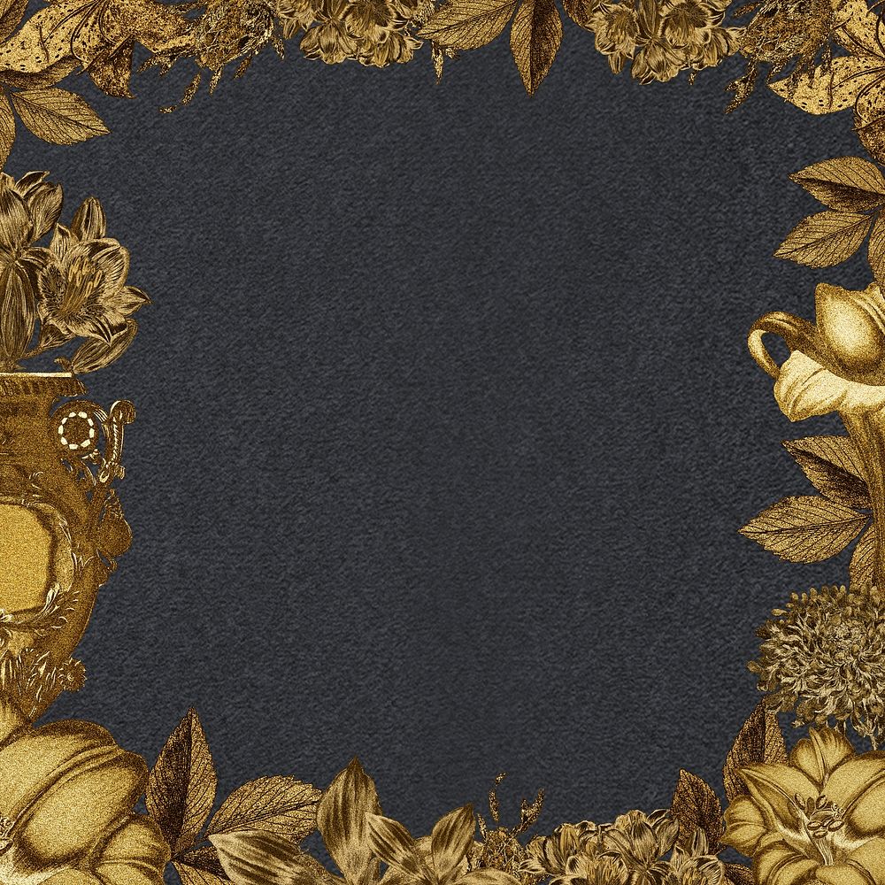 Vintage gold flower and leaf frame on black background design element
