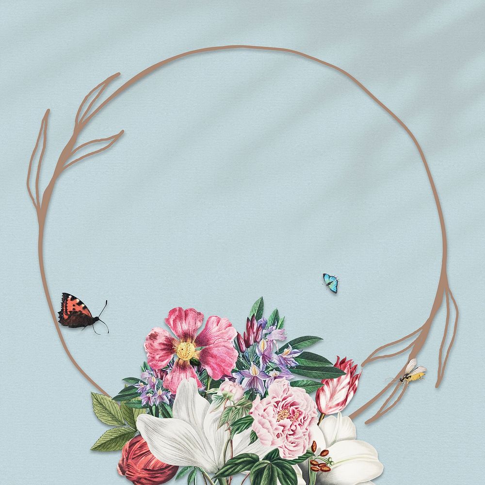 Vintage floral frame with butterfly and insect on leaf shadow background design element