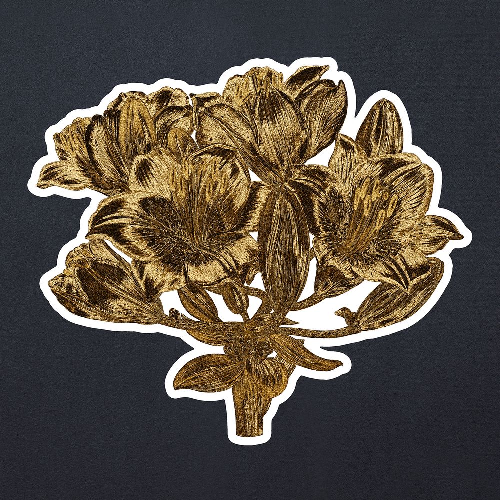 Vintage gold lily flower sticker with white border
