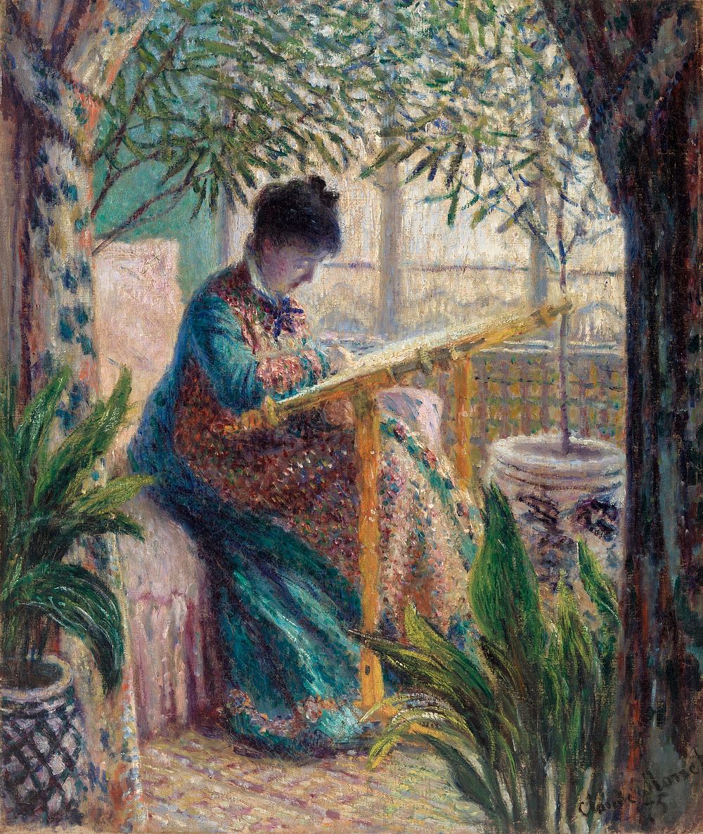 Madame Monet Embroidering (1875) by Claude Monet. Original from the Barnes Foundation. Digitally enhanced by rawpixel.