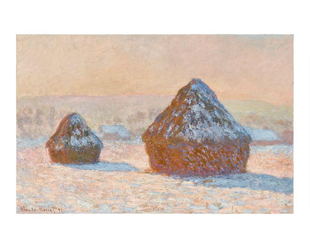 Wheatstacks, Snow Effect, Morning illustration wall art print and poster. Original by Claude Monet, digitally enhanced by…