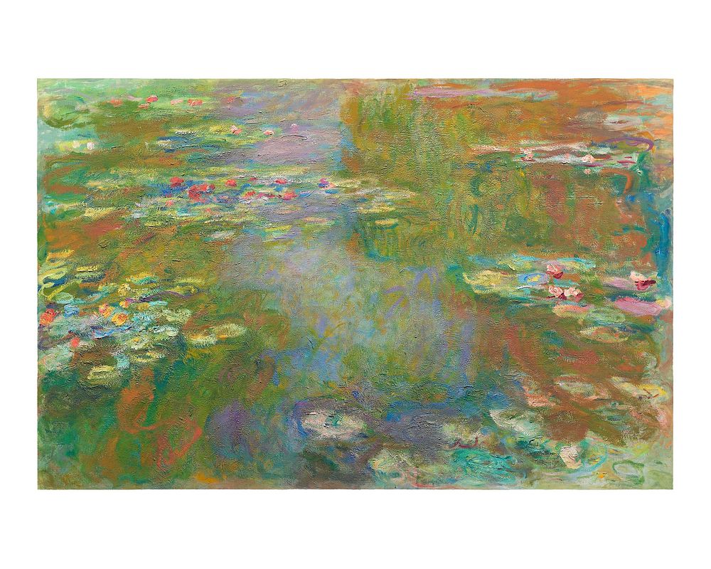 Vintage water lily pond wall art print and poster design remix from original artwork by Claude Monet.