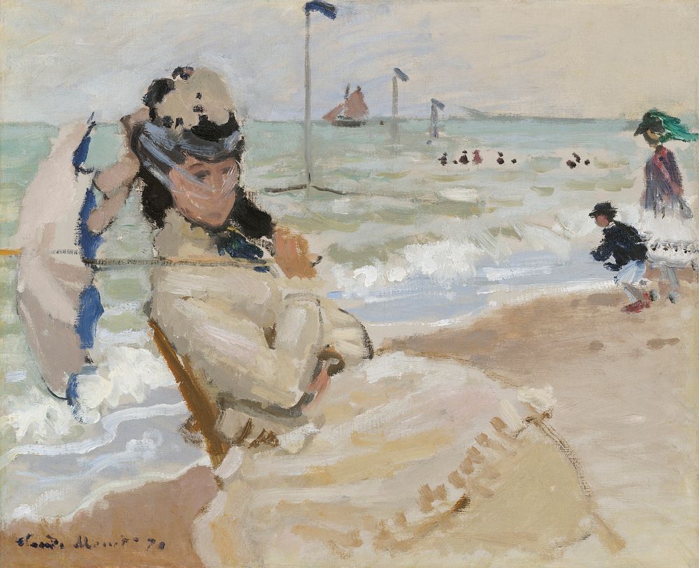 Camille on the Beach in Trouville (1870) by Claude Monet. Original from the Yale University Art Gallery. Digitally enhanced…