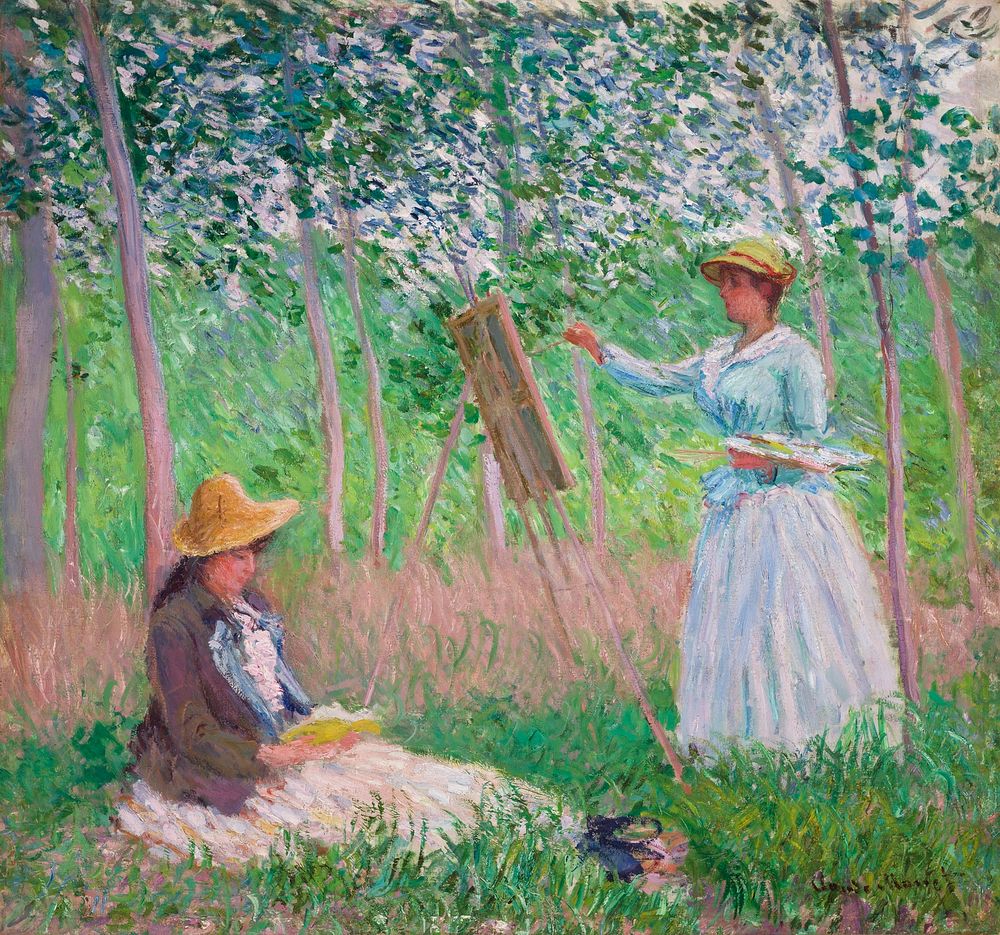 In the Woods at Giverny, Blanche Hosched&eacute; at Her Easel with Suzanne Hosched&eacute; Reading (1887) by Claude Monet.…