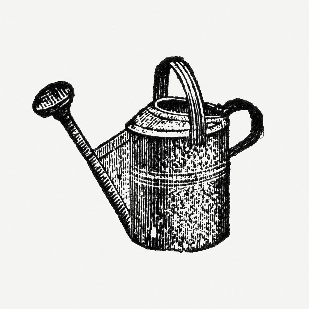 Watering can sticker, black ink drawing psd, digitally enhanced from our own original copy of The Open Door to Independence…