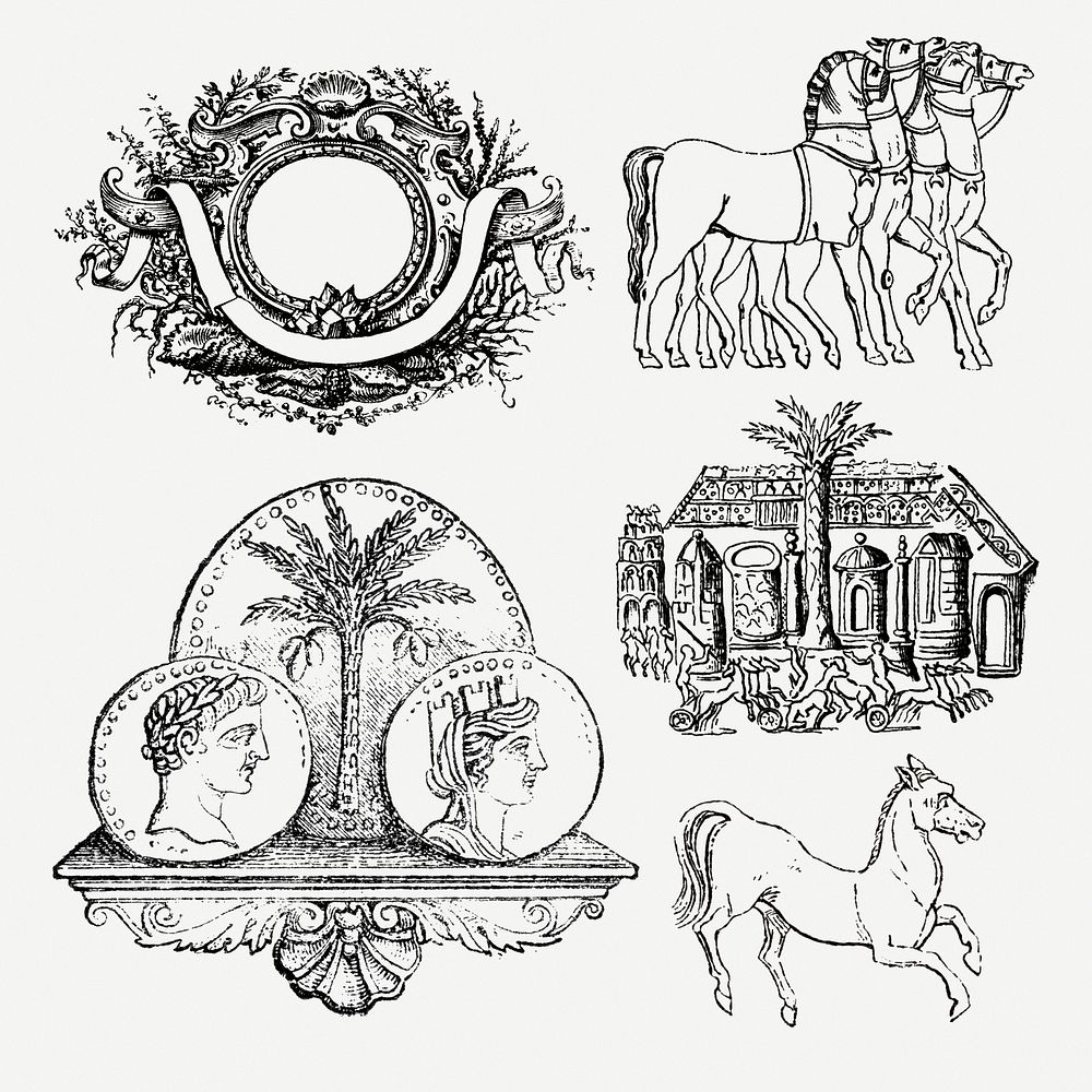 Vintage sticker, hand drawn 19th century design element psd set