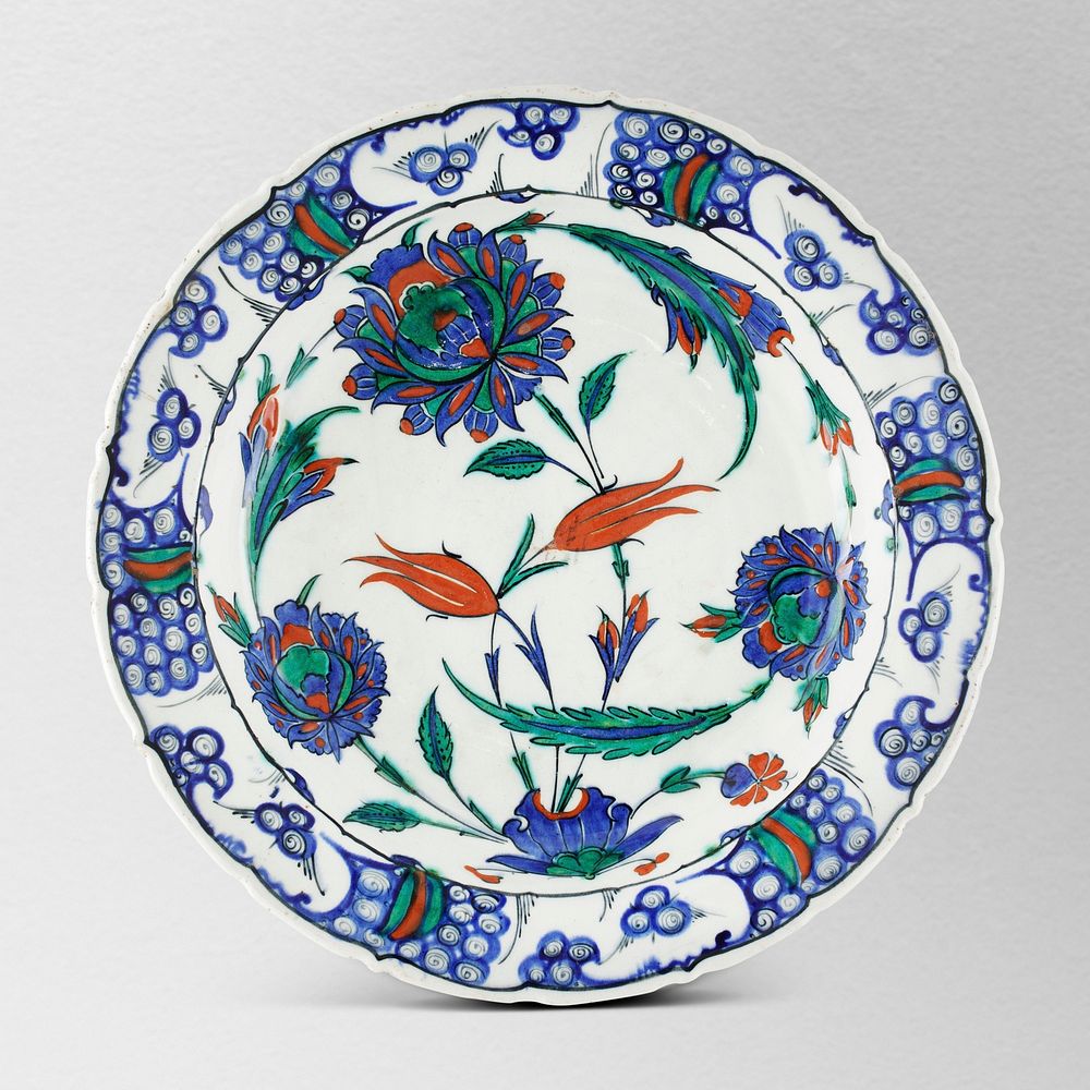 Vintage psd Turkish floral plate, featuring public domain artworks